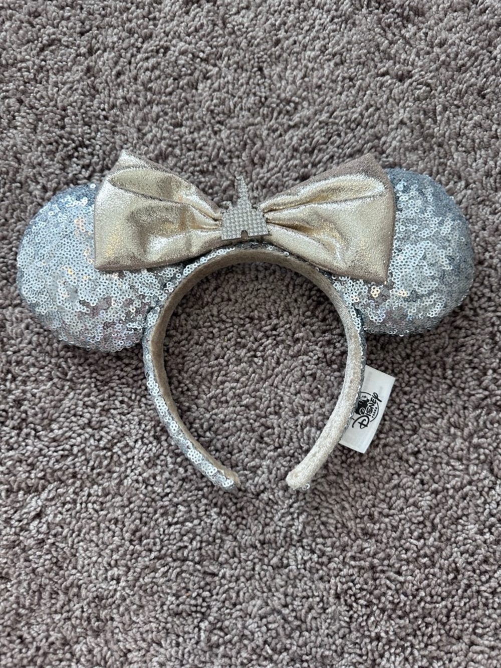 Cinderella Castle Minnie Mouse Ear Headband (Silver Sequin & Gold Bow)